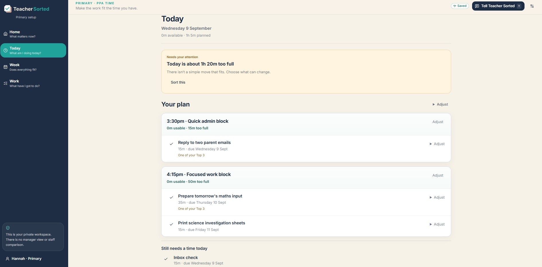 Teacher Sorted dashboard showing planned work and an over-capacity warning